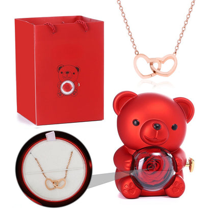 Rotating Eternal Rose Bear - W/ Custom Engraved Necklace