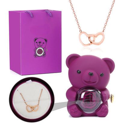 Rotating Eternal Rose Bear - W/ Custom Engraved Necklace