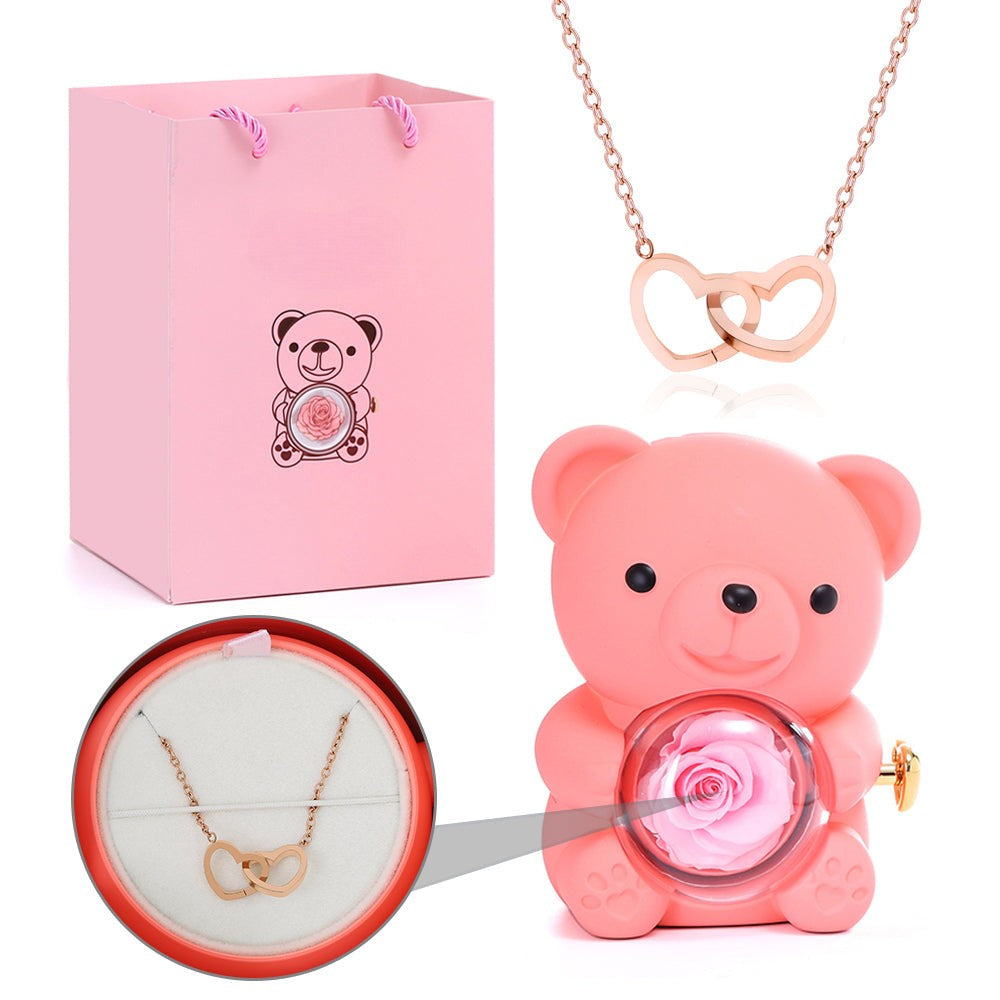 Rotating Eternal Rose Bear - W/ Custom Engraved Necklace