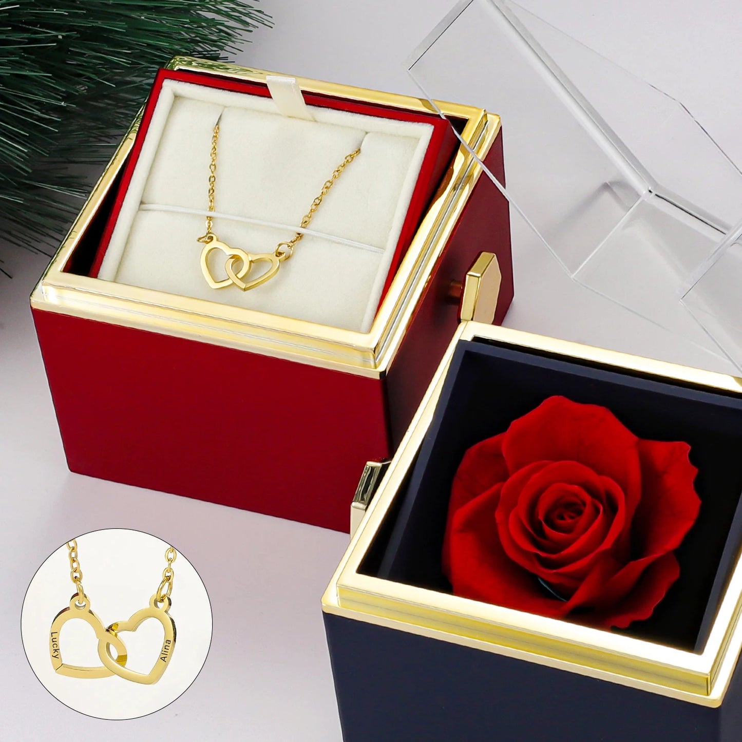 Rotating Eternal Rose Box - W/ Custom Engraved Necklace