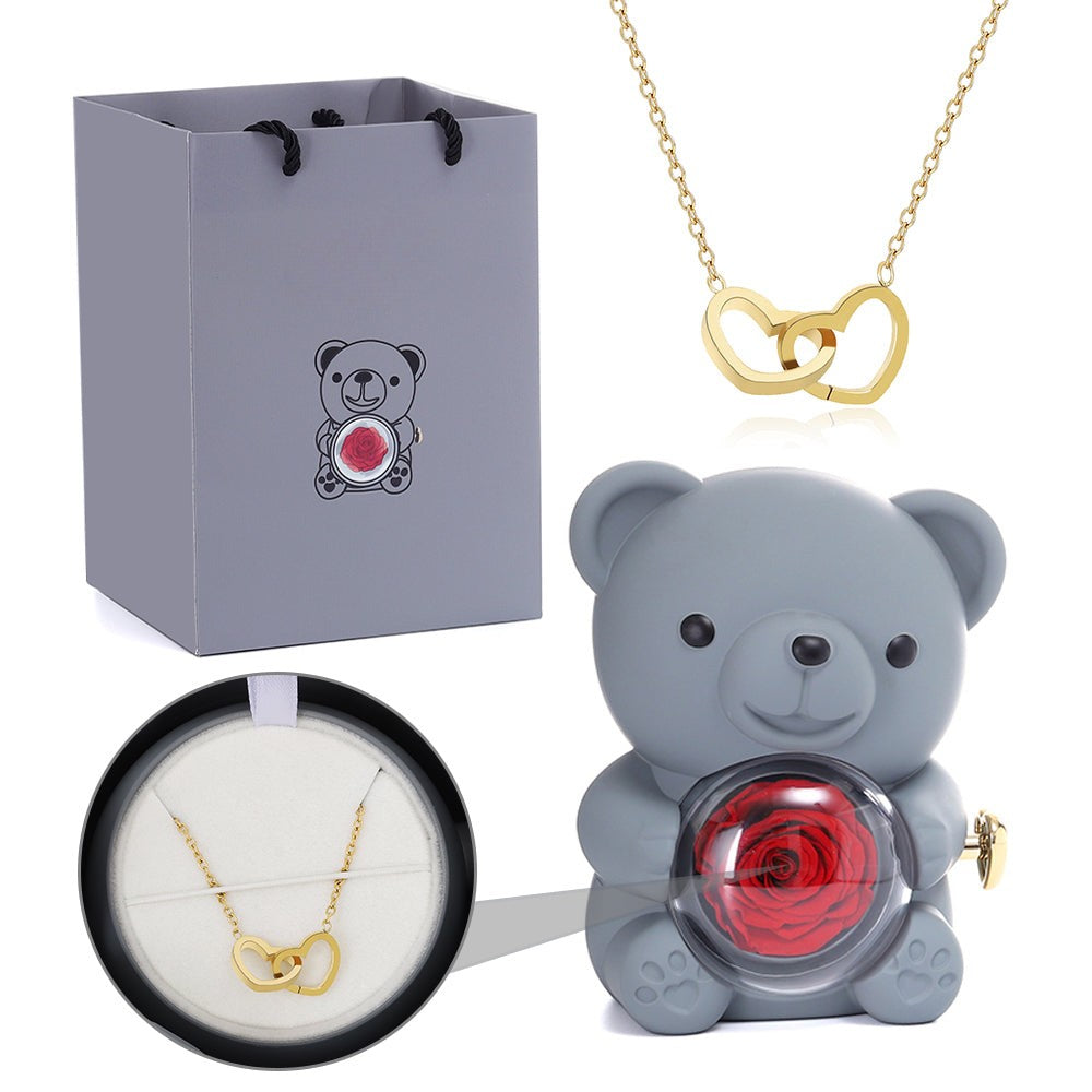 Rotating Eternal Rose Bear - W/ Custom Engraved Necklace